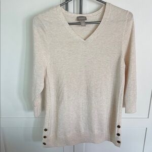 Chico's Light Cream V-Neck Sweater with Side Buttons